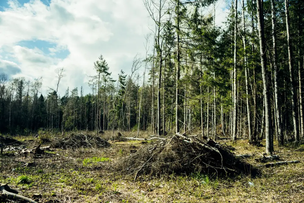 A cleared strip at the edge of a conifer stand with piles of cut brush and slash left on the ground