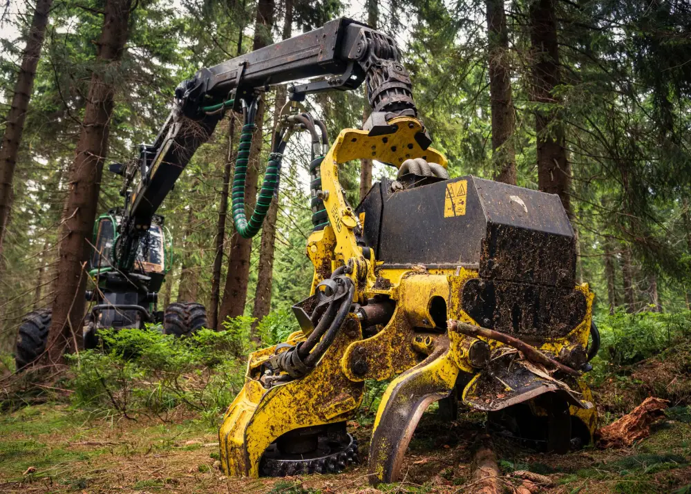 The felling head of a forest harvester at work in a conifer stand
