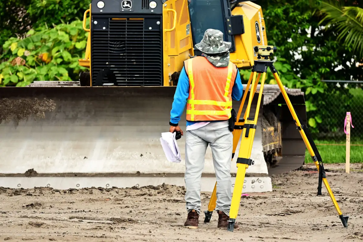 A surveyor setting out levels on an active construction site with a bulldozer behind