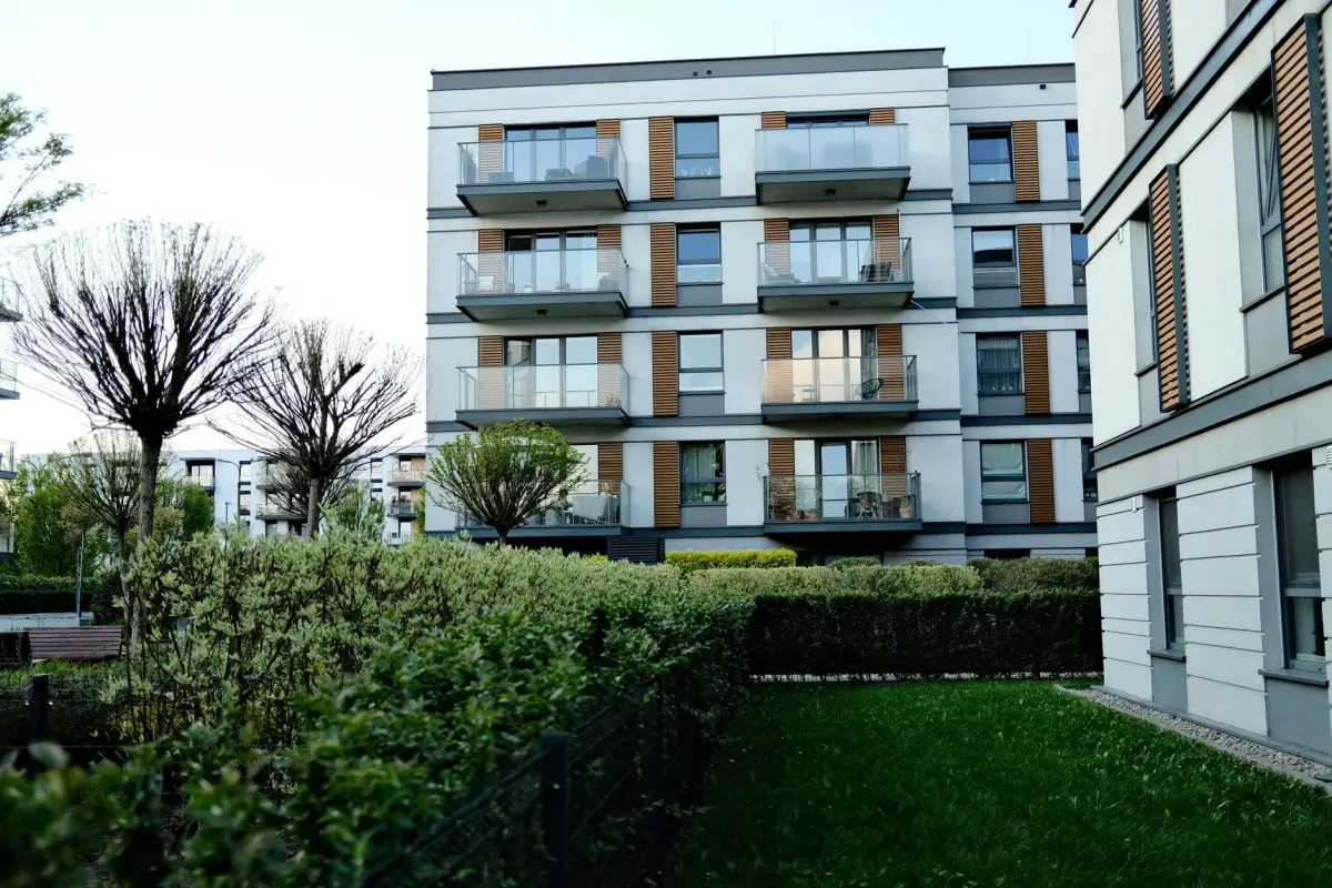 Trees and planting in the shared garden of an apartment complex