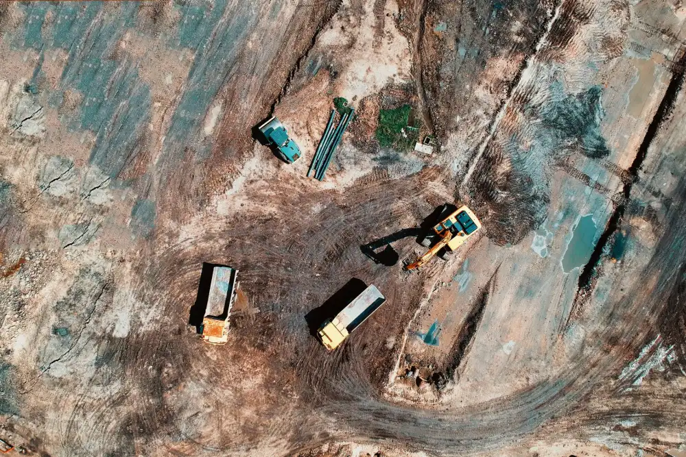 Aerial view of earthmoving equipment and trucks on a cleared site