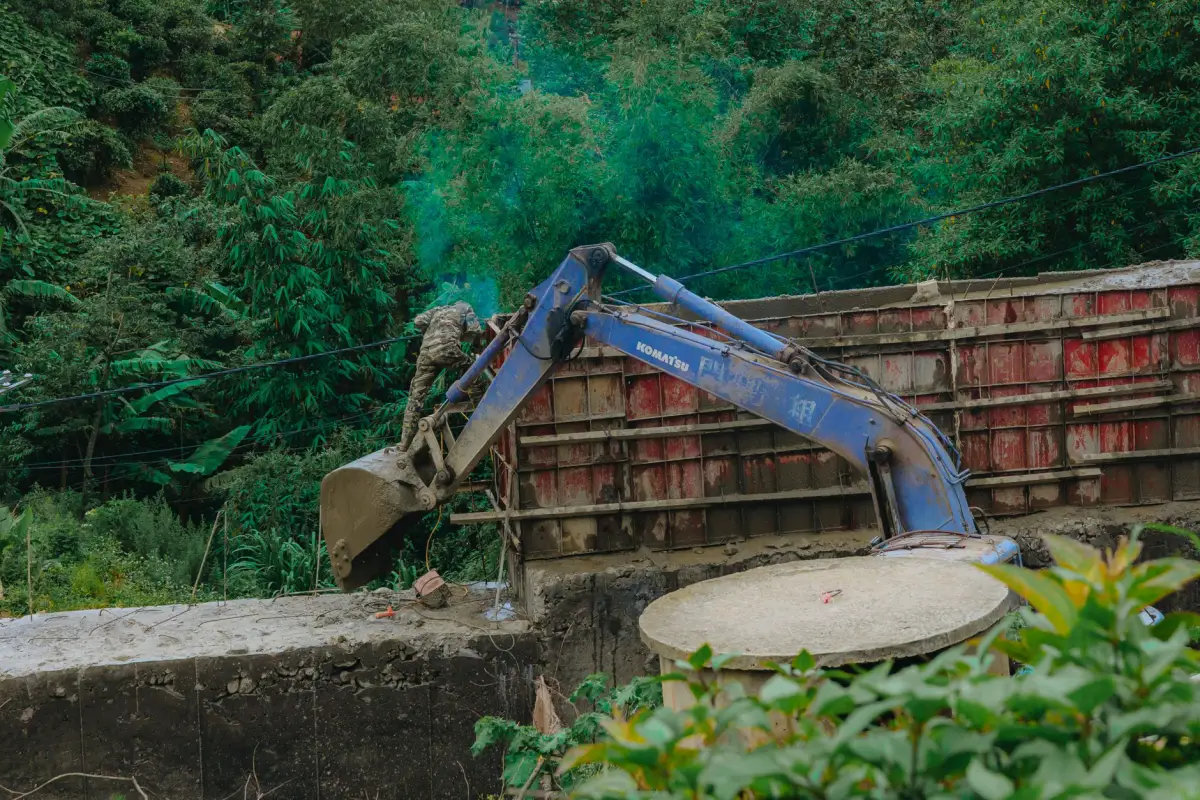 An excavator working amongst standing trees during land clearing