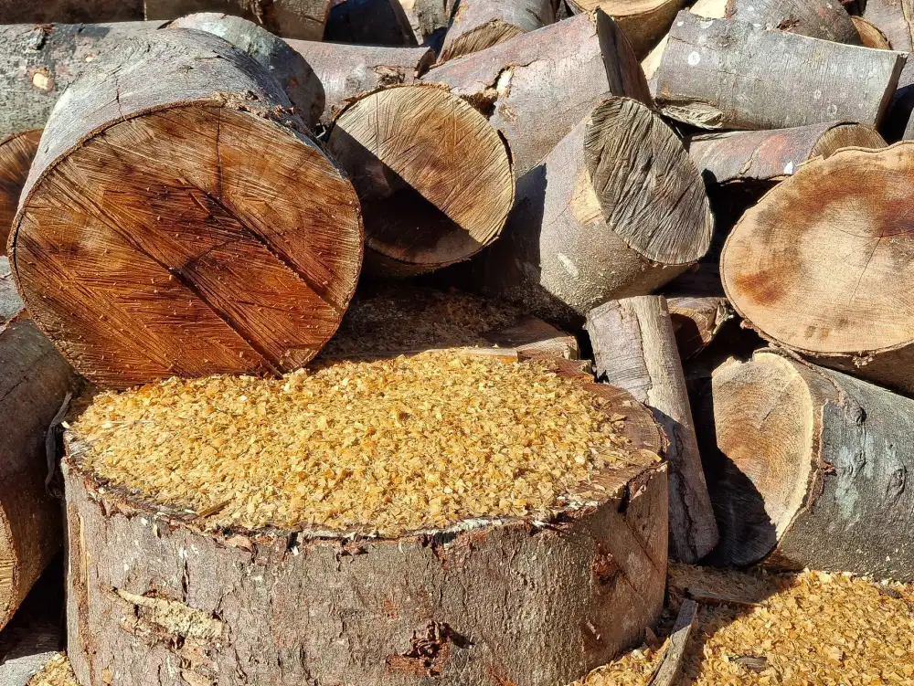 Freshly cut logs and sawdust left after a tree was taken down